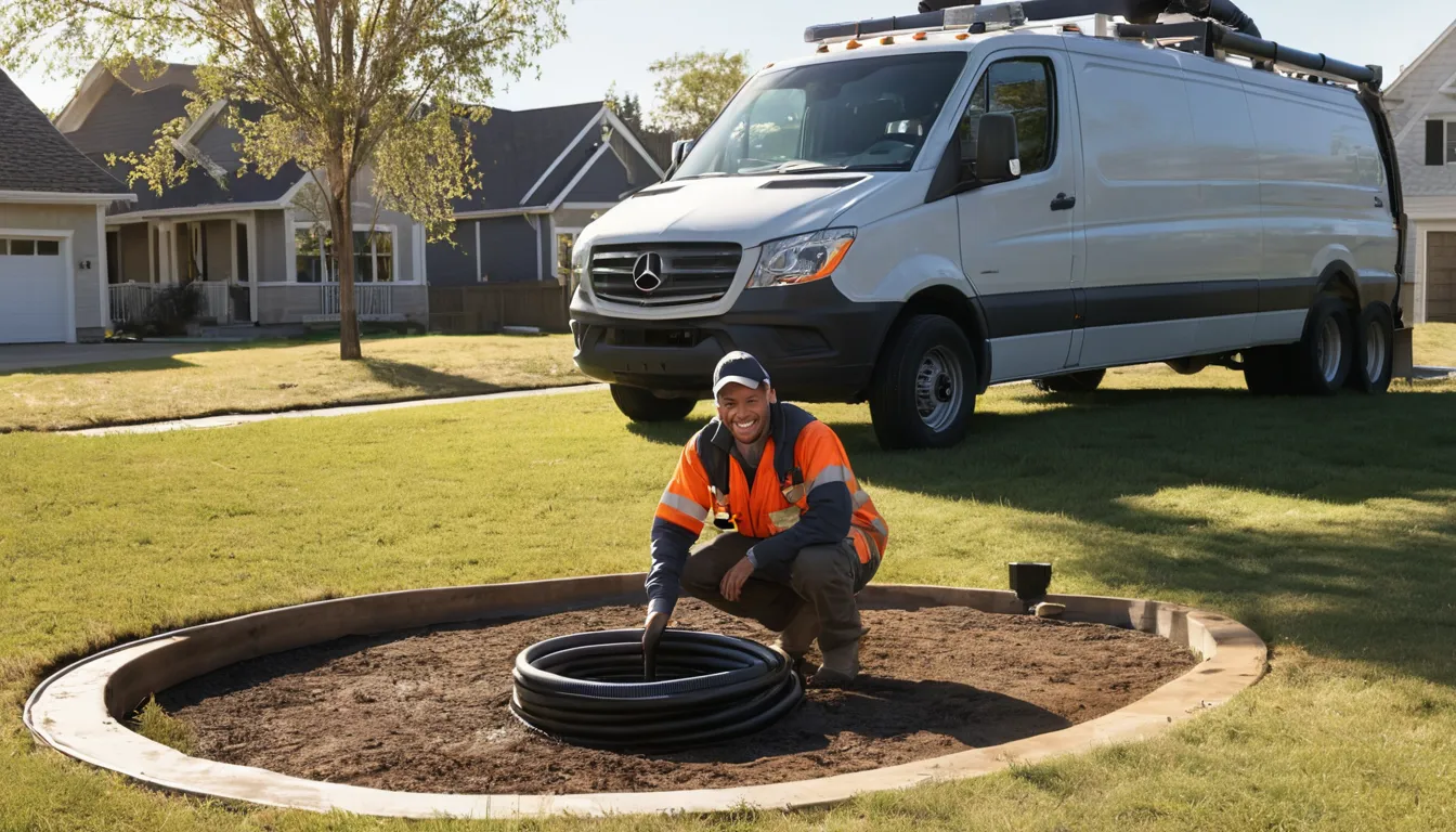 Provider checking a septic tank access point near a home in the Arvada area